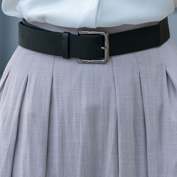 Light Grey Cotton Linen Midi Skirt - Pleated A-Line High Waist 3544