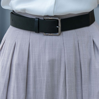 Light Grey Cotton Linen Midi Skirt - Pleated A-Line High Waist 3544