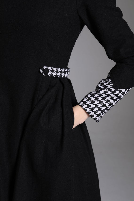 Black Wool Midi Dress - A-Line Fit and Flare with Houndstooth Detail 3885