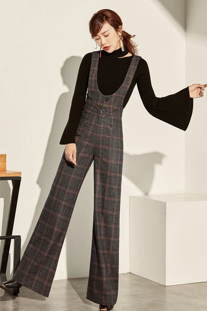 Gray Wool Suspender Pants - High Waist Straight-Leg Vintage 3964