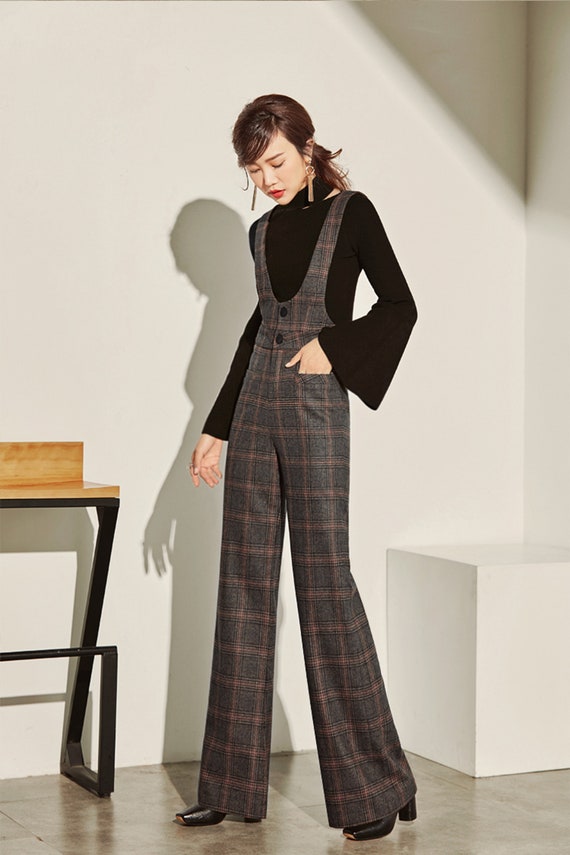 Gray Wool Suspender Pants - High Waist Straight-Leg Vintage 3964