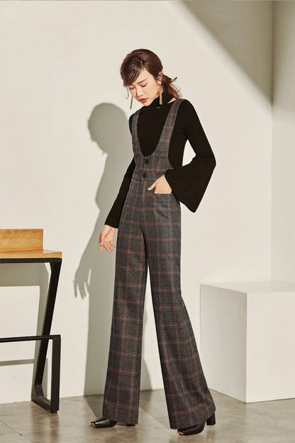 Gray Wool Suspender Pants - High Waist Straight-Leg Vintage 3964