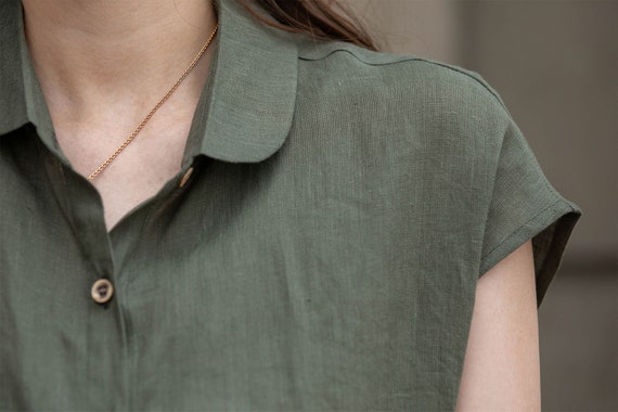 Army Green Linen Cotton Button Down Shirt - Short Sleeve, Relaxed Fit 4289