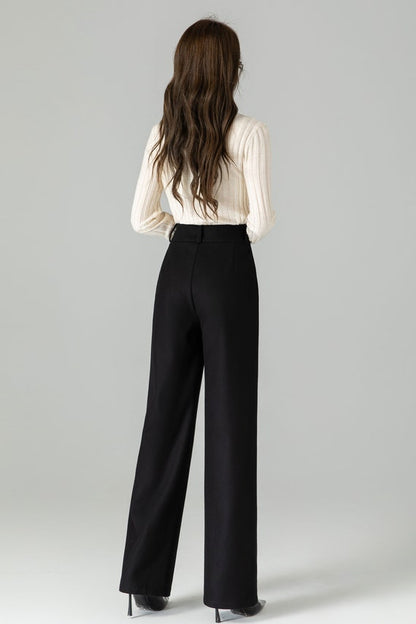Black Wool Wide Leg Pants - High Waist, Front Button Closure 4501