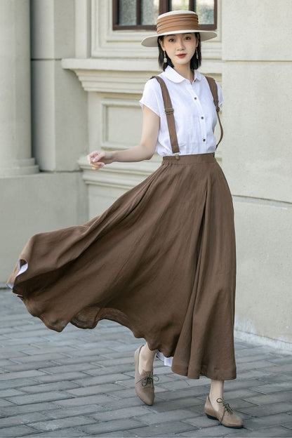 Green Linen Suspender Skirt - High-Waisted A-Line Midi Swing Skirt 5574