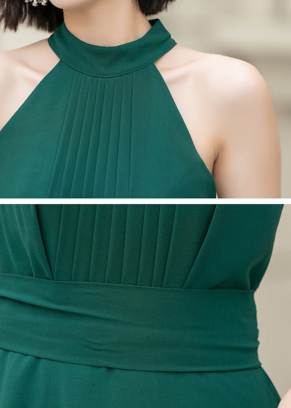 Emerald Green Chiffon Maxi Dress - Elegant Pleated Fit and Flare 5865