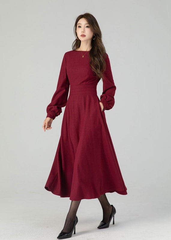 Green Wool Midi Dress - Fit and Flare Swing with Lantern Sleeves 5396