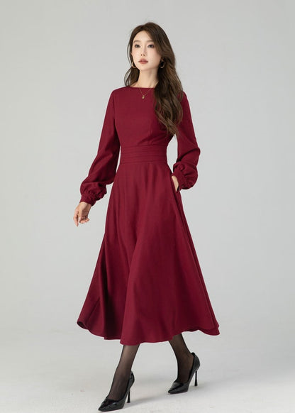 Green Wool Midi Dress - Fit and Flare Swing with Lantern Sleeves 5396