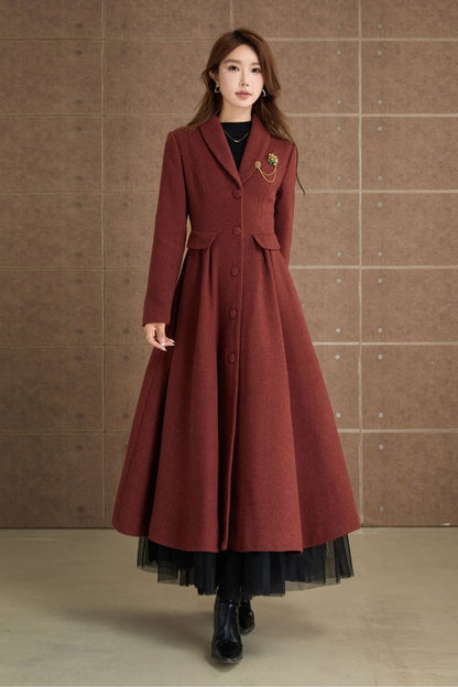 Brown Wool Maxi Coat - Fit and Flare Vintage Swing 6553