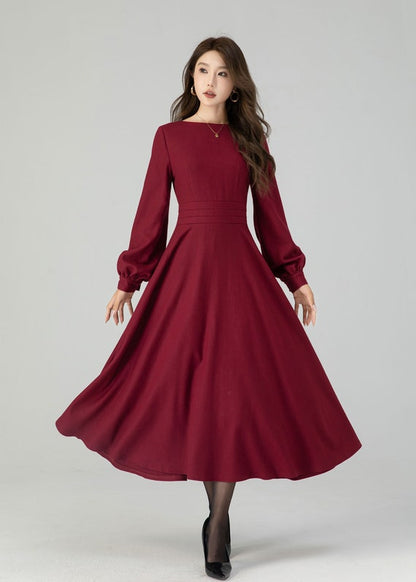 Green Wool Midi Dress - Fit and Flare Swing with Lantern Sleeves 5396