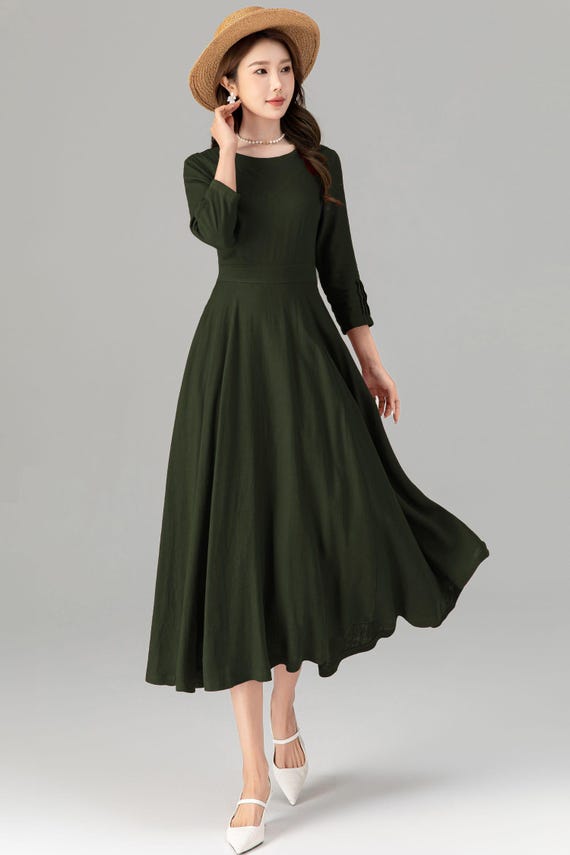 Black Cotton Linen Midi Dress - Fit and Flare with Pleated 3/4 Sleeves 5694