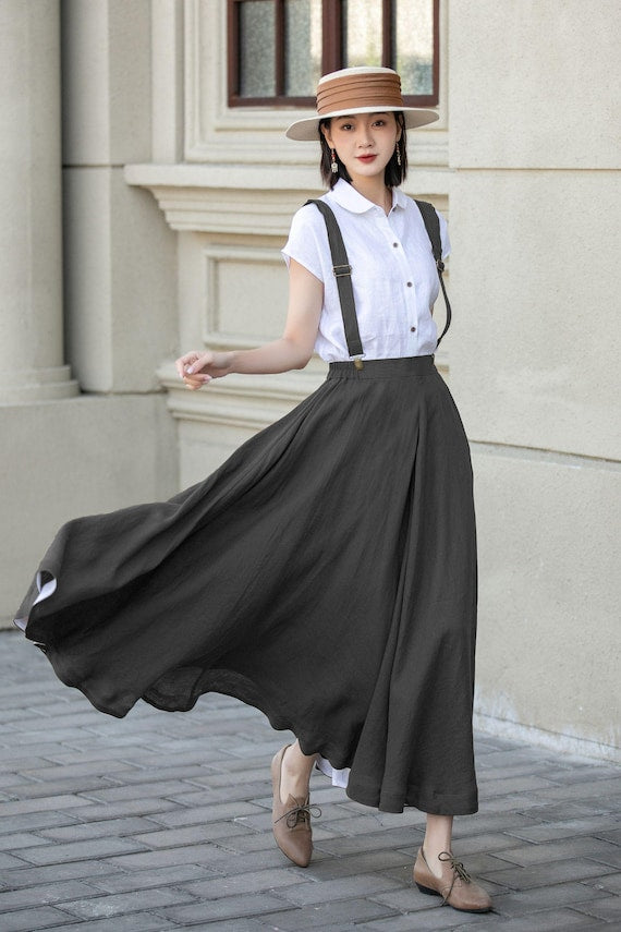 Green Linen Suspender Skirt - High-Waisted A-Line Midi Swing Skirt 5574