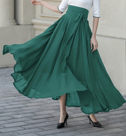 Beige Chiffon Maxi Skirt - Flowy Circle Skirt with Belt 5723