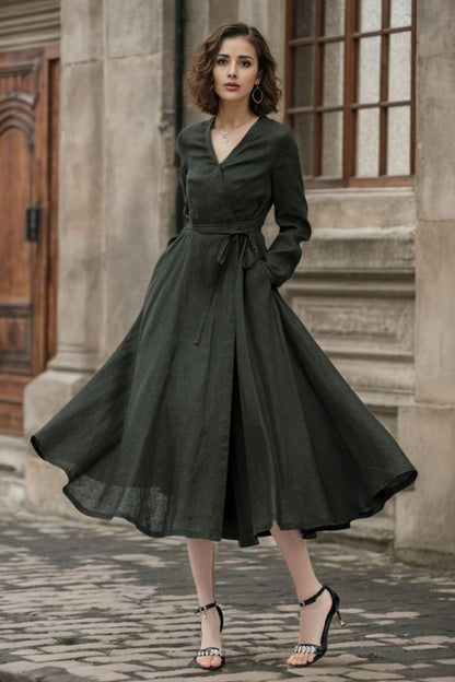 Army Green Linen Midi Wrap Dress - V-neck Tie Waist | Xiaolizi 5558