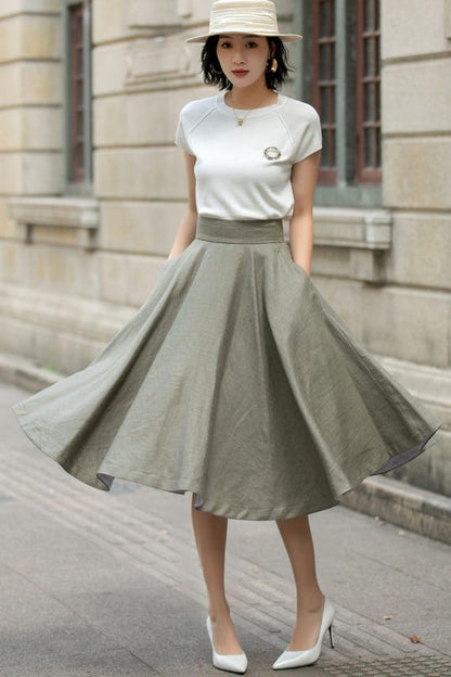 Burgundy Linen Midi Circle Skirt - High Waist Swing with Pockets 4936