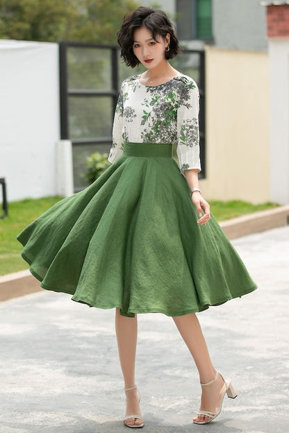 Burgundy Linen Midi Circle Skirt - High Waist Swing with Pockets 4936