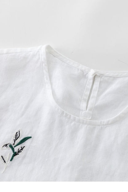 White Linen Blouse - Embroidered Boho Loose Fit | Xiaolizi 6270
