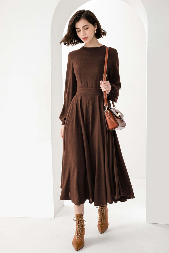 Green Linen Midi Dress - Fit and Flare with Puffy Lantern Sleeves 5977