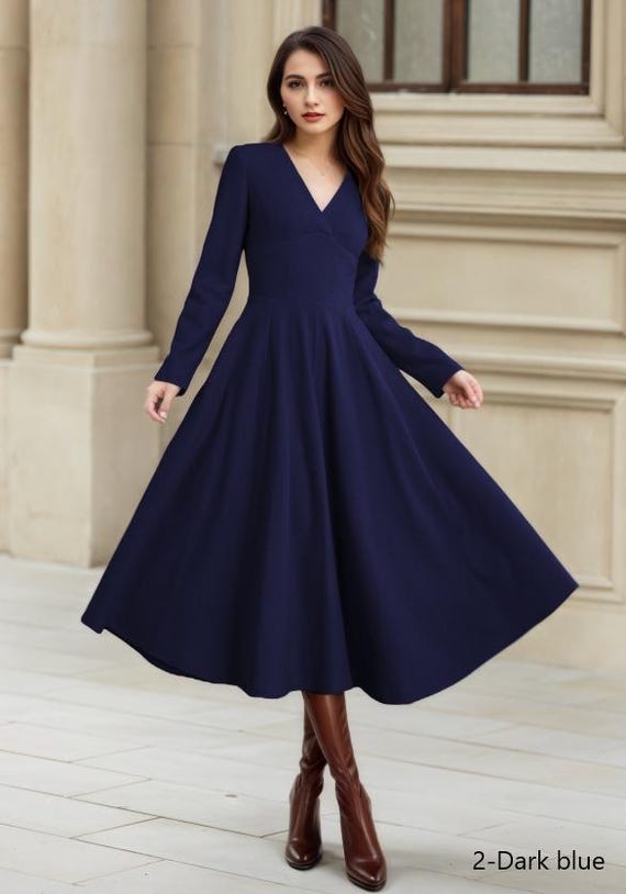Red Wool Midi Dress - Fit and Flare V-Neck Swing Silhouette 6378