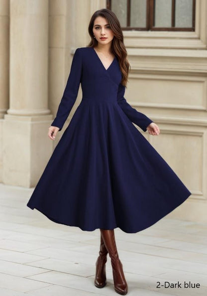 Red Wool Midi Dress - Fit and Flare V-Neck Swing Silhouette 6378