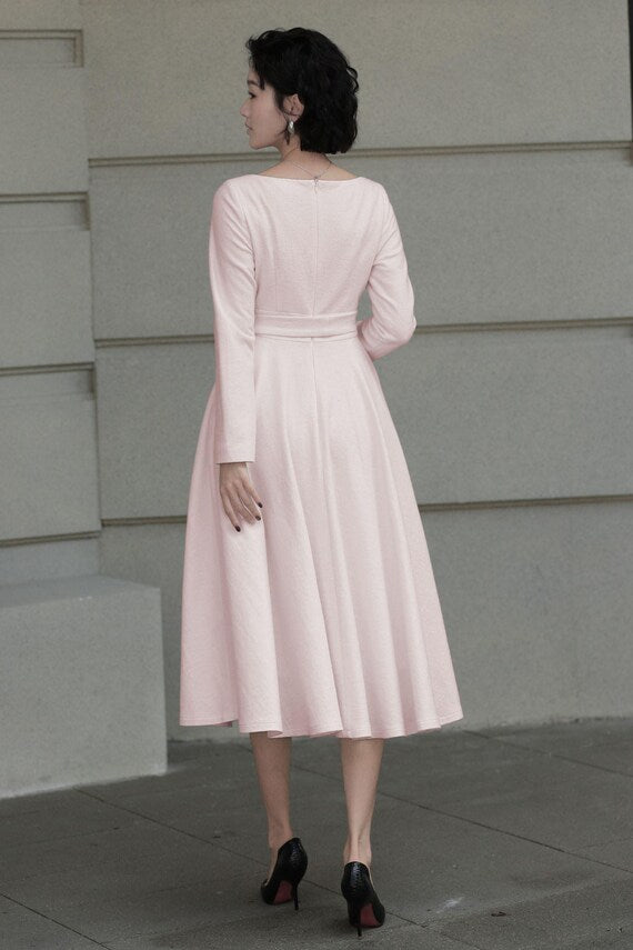 White Wool Midi Dress - Fit and Flare Elegant Swing Silhouette 6561