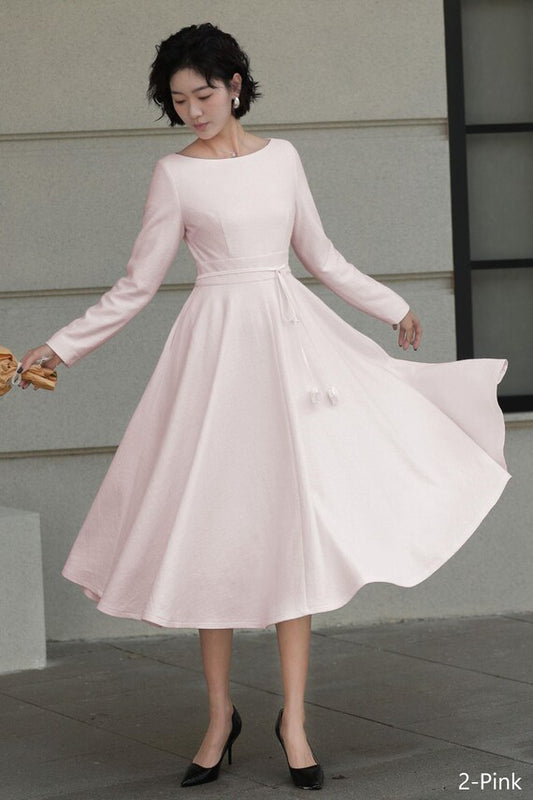 White Wool Midi Dress - Fit and Flare Elegant Swing Silhouette 6561