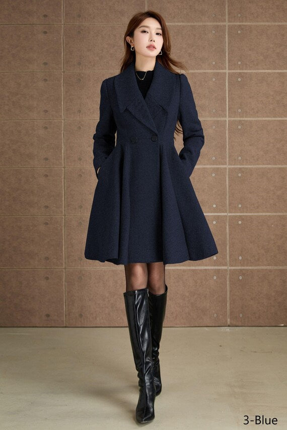 Army Green Wool-Blend Coat - Double-Breasted A-Line Jacket with Wide Lapel 6557