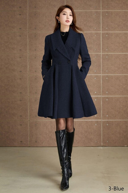 Army Green Wool-Blend Coat - Double-Breasted A-Line Jacket with Wide Lapel 6557