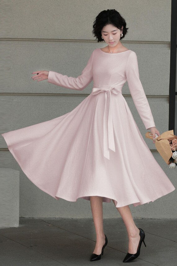 White Wool Midi Dress - Fit and Flare Elegant Swing Silhouette 6561