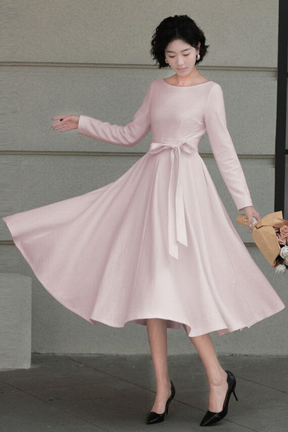 White Wool Midi Dress - Fit and Flare Elegant Swing Silhouette 6561