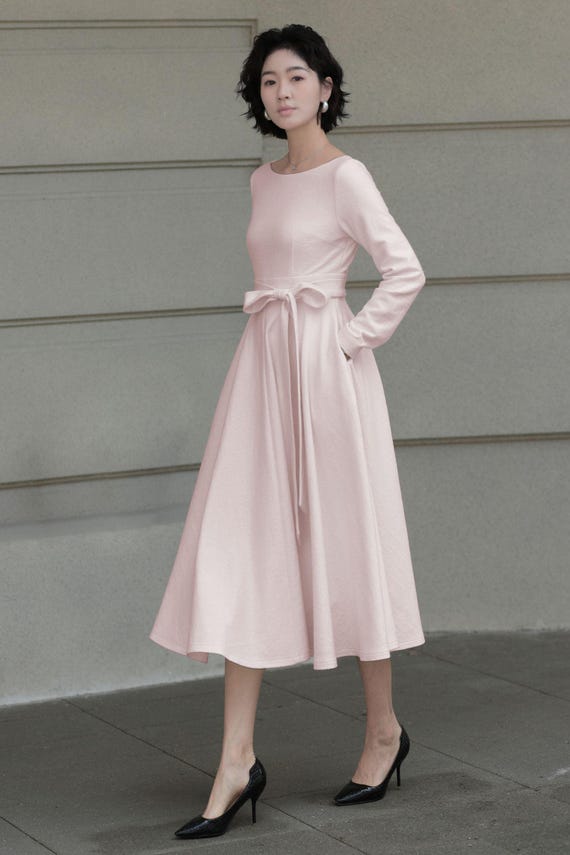 White Wool Midi Dress - Fit and Flare Elegant Swing Silhouette 6561