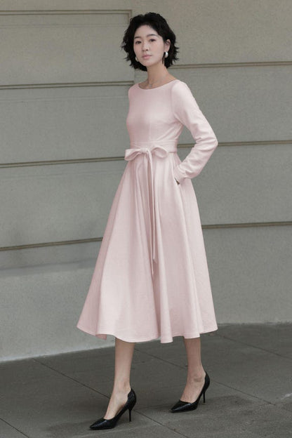 White Wool Midi Dress - Fit and Flare Elegant Swing Silhouette 6561