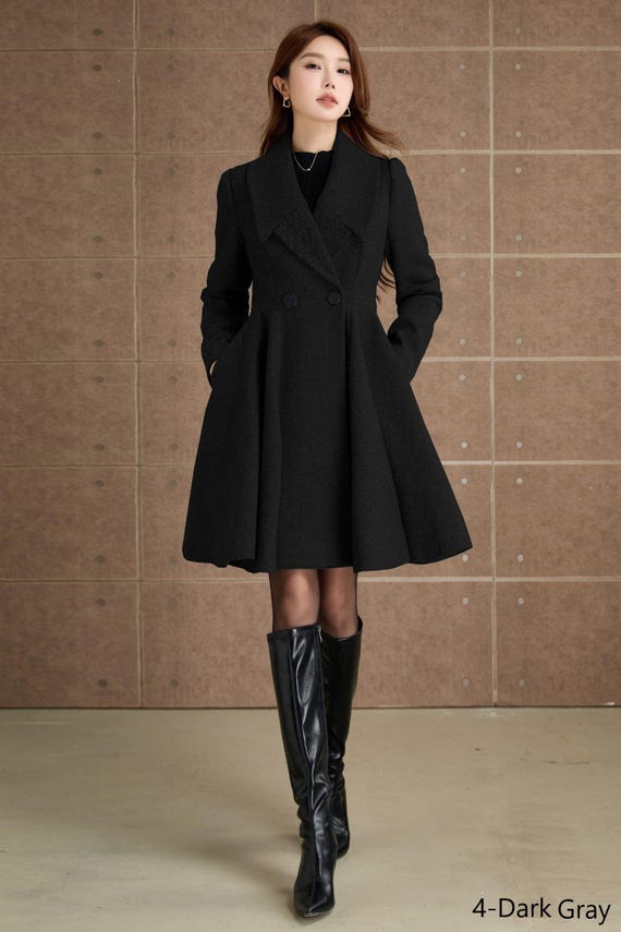 Army Green Wool-Blend Coat - Double-Breasted A-Line Jacket with Wide Lapel 6557