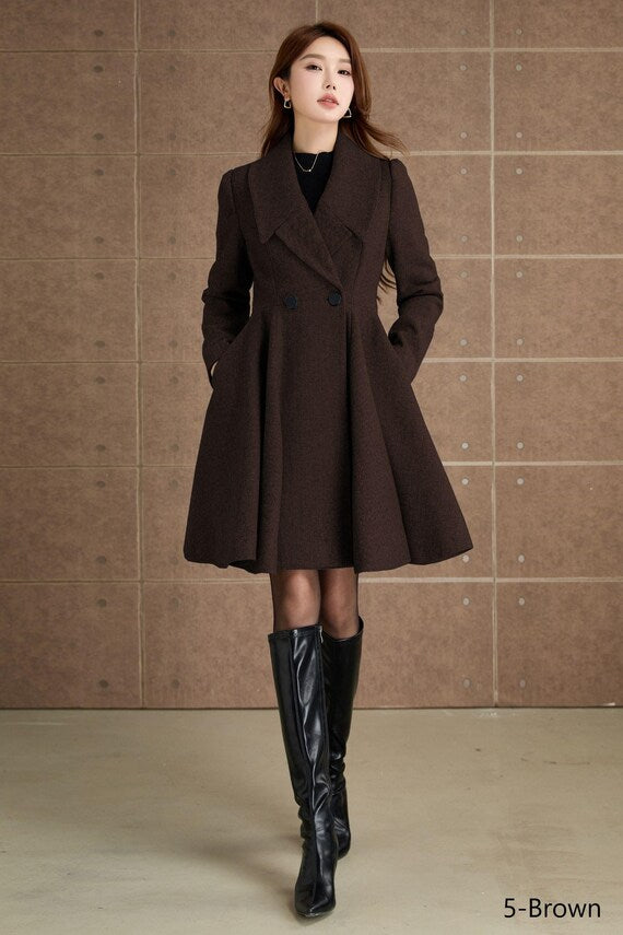 Army Green Wool-Blend Coat - Double-Breasted A-Line Jacket with Wide Lapel 6557