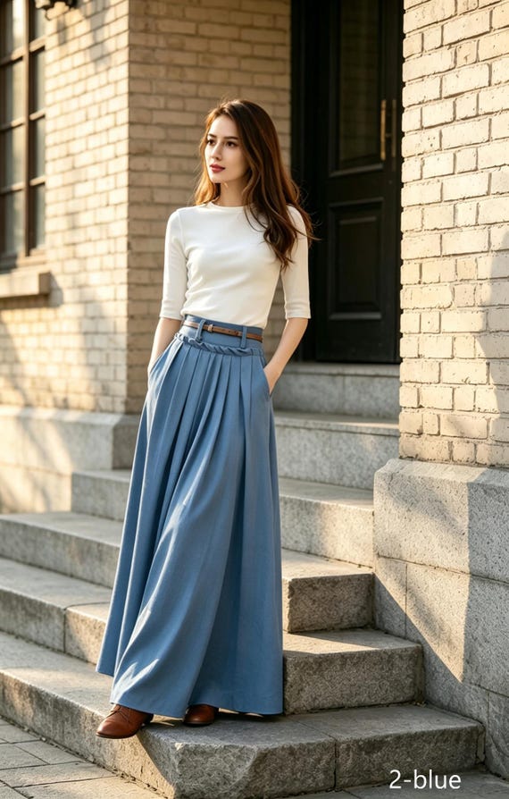 Vintage Style Forest Green Linen Maxi Skirt 6789