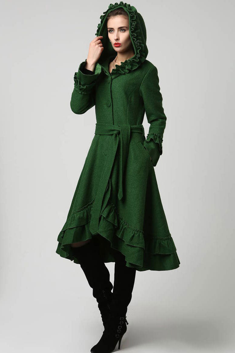 Womens Dark Green Wool Maxi Coat with Hood 1120#