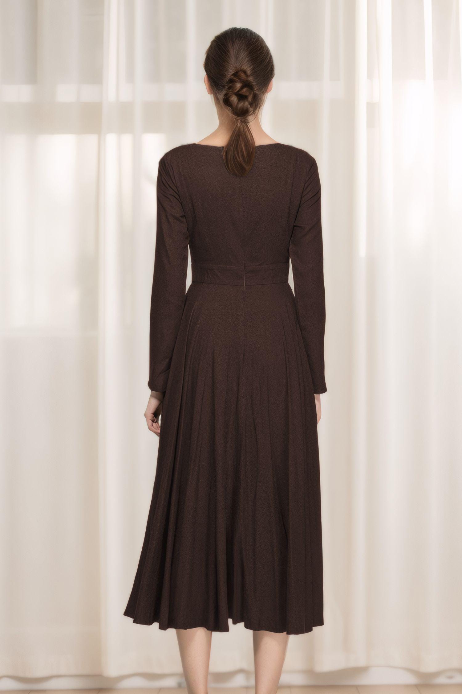 Brown Linen Midi swing Dress, Women Classic Linen Cocktail dress, Fit and flare dress, Fall autumn linen dress, Custom dress, Xiaolizi 6314#