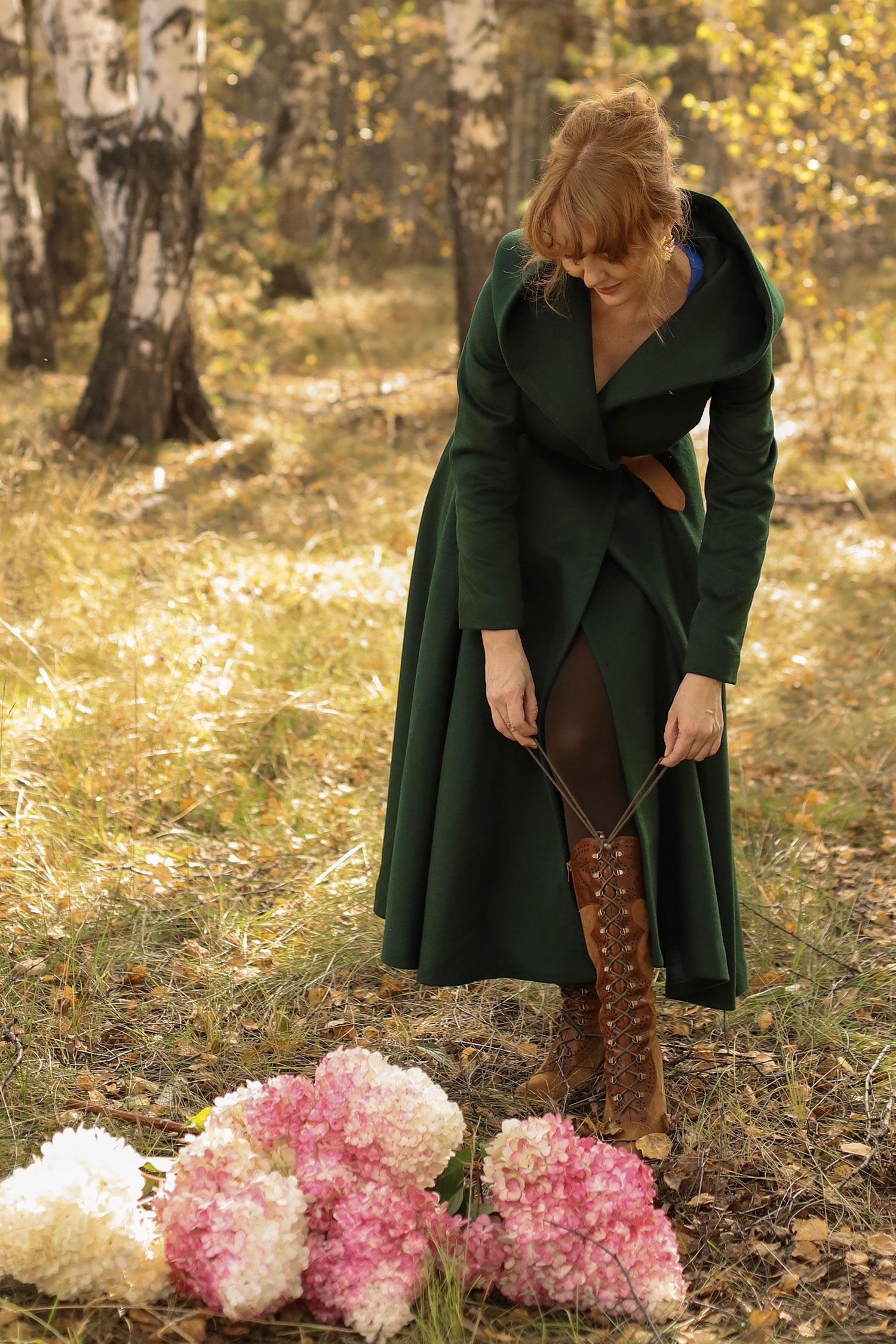 Green Hooded Wool Coat: Oversize Fit & Flare Winter Outerwear, Custom, Xiaolizi 6489