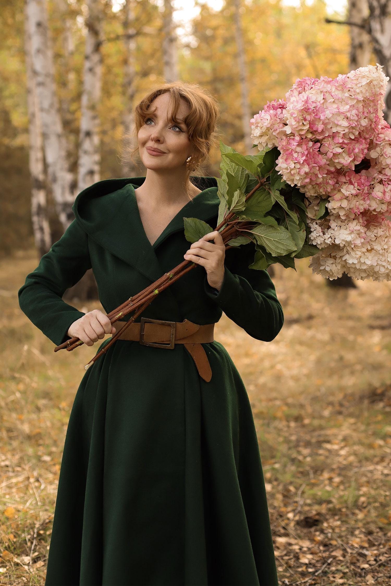 Green Hooded Wool Coat: Oversize Fit & Flare Winter Outerwear, Custom, Xiaolizi 6489