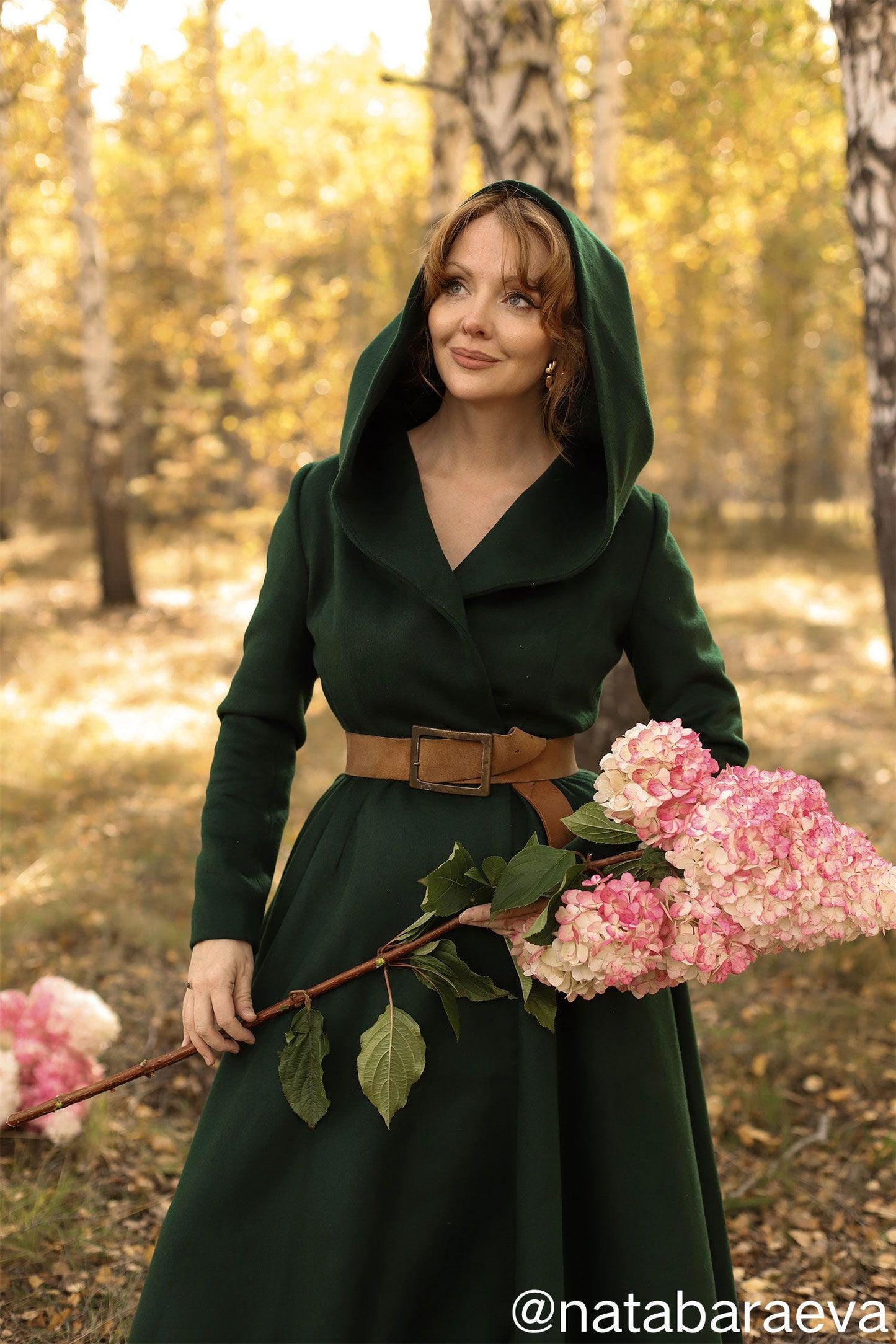 Green Hooded Wool Coat: Oversize Fit & Flare Winter Outerwear, Custom, Xiaolizi 6489