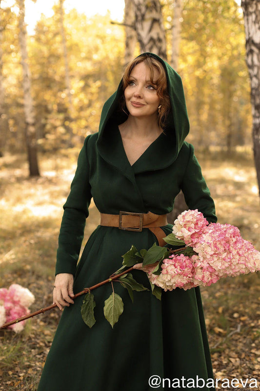 Green Hooded Wool Coat: Oversize Fit & Flare Winter Outerwear, Custom, Xiaolizi 6489