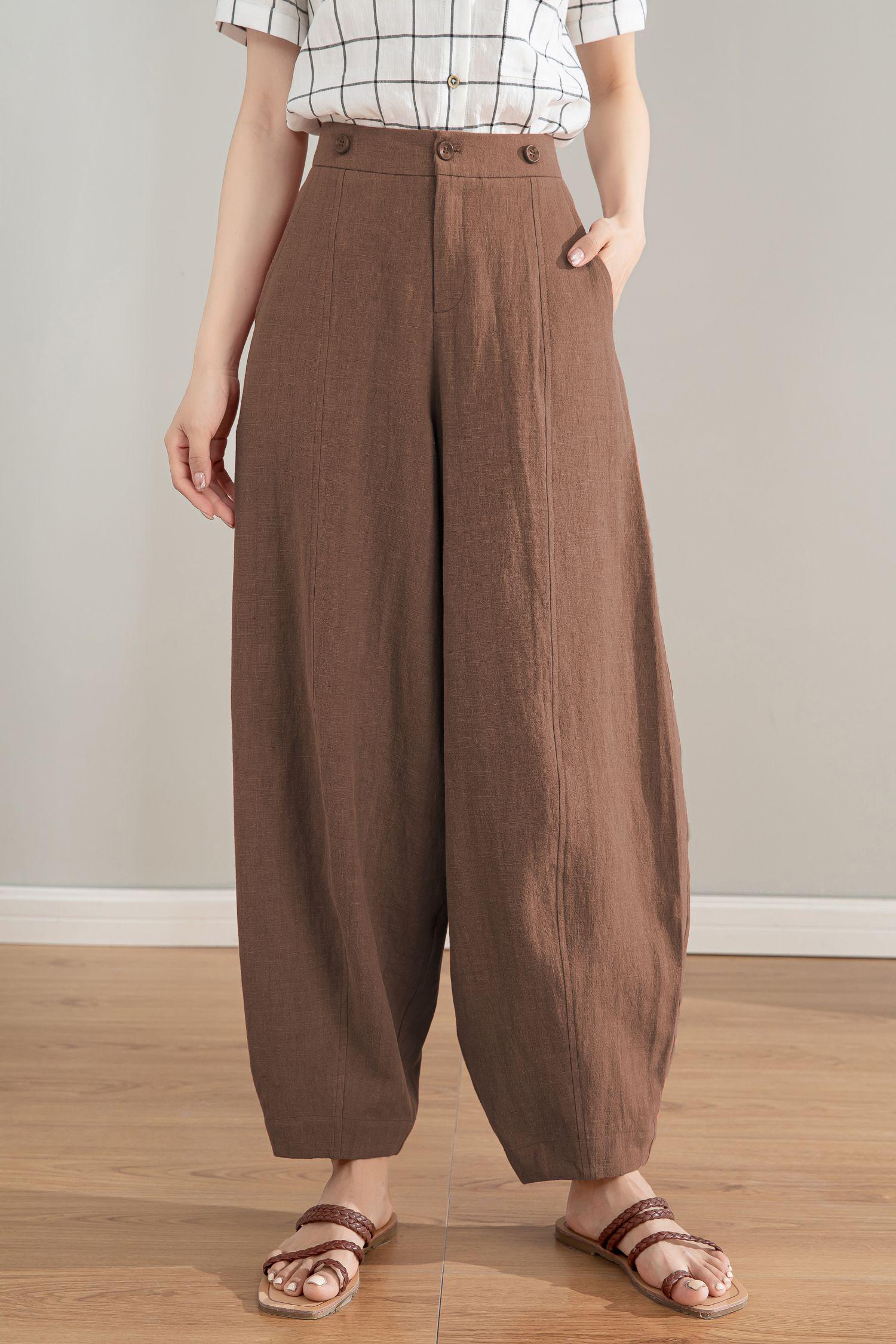 Brown Linen Suspender Pants for Women – Relaxed Fit Baggy Summer Trousers with Side Pockets, Xiaolizi  6121