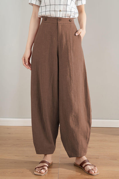 Brown Linen Suspender Pants for Women – Relaxed Fit Baggy Summer Trousers with Side Pockets, Xiaolizi  6121