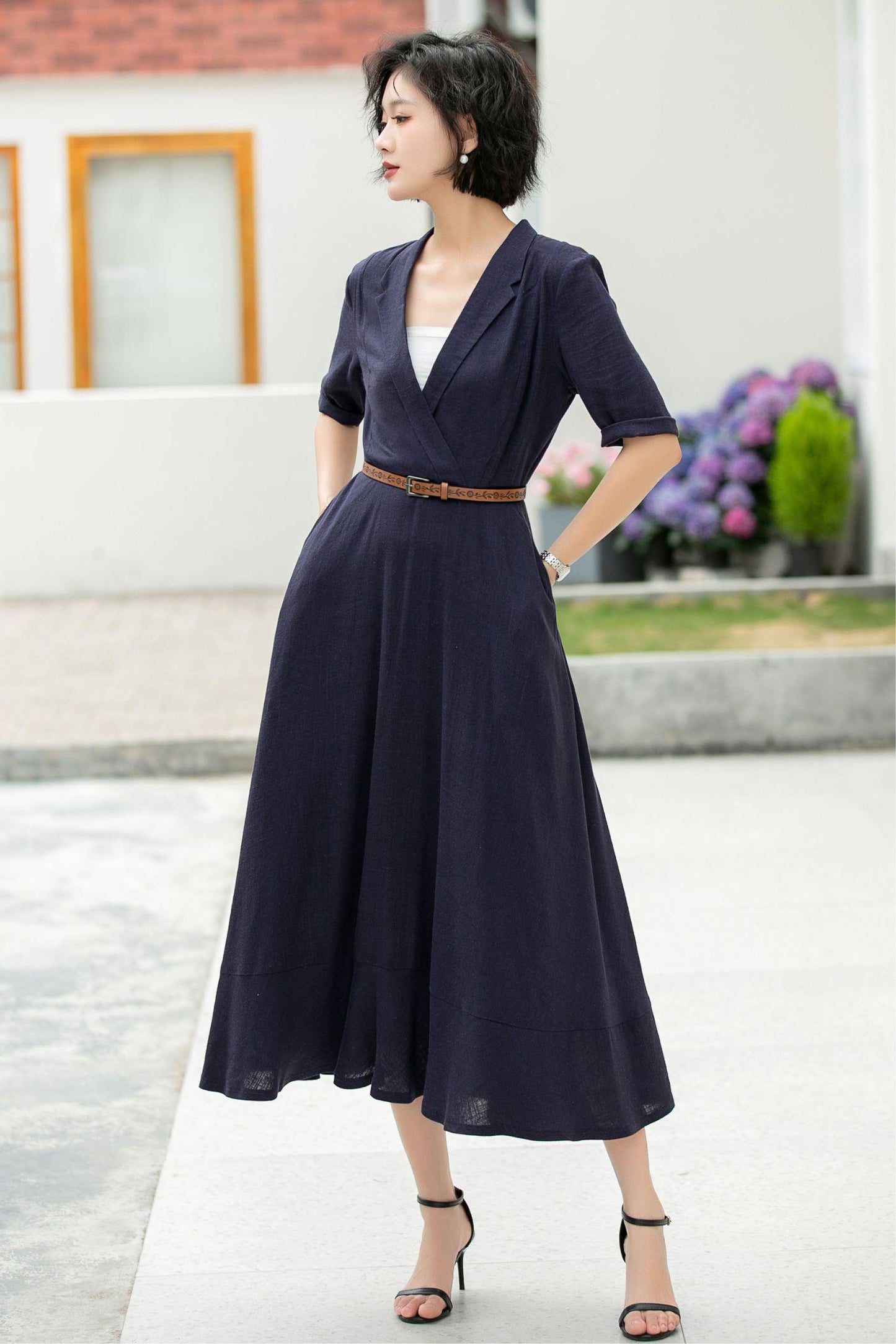 Navy Linen Midi Dress: Wrap V-Neck A-Line Half Sleeve Dress, Custom, Xiaolizi 5979