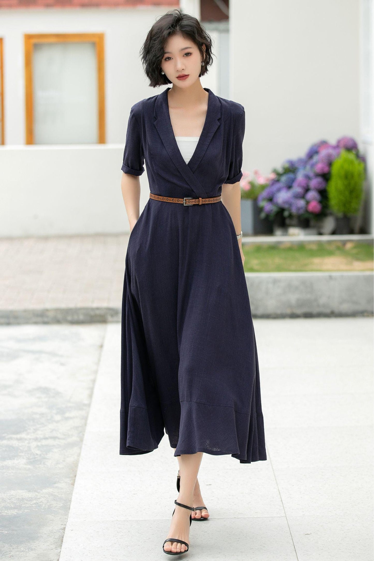 Navy Linen Midi Dress: Wrap V-Neck A-Line Half Sleeve Dress, Custom, Xiaolizi 5979