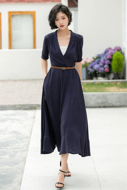 Navy Linen Midi Dress: Wrap V-Neck A-Line Half Sleeve Dress, Custom, Xiaolizi 5979
