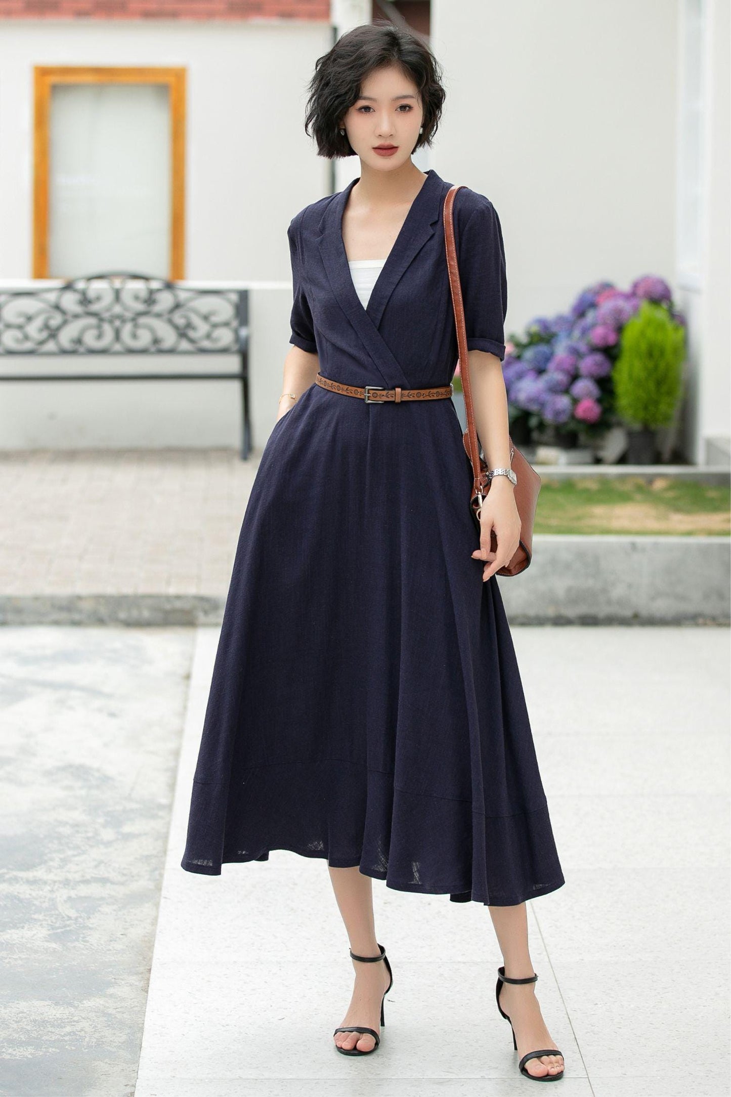 Navy Linen Midi Dress: Wrap V-Neck A-Line Half Sleeve Dress, Custom, Xiaolizi 5979