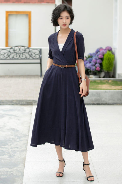 Navy Linen Midi Dress: Wrap V-Neck A-Line Half Sleeve Dress, Custom, Xiaolizi 5979