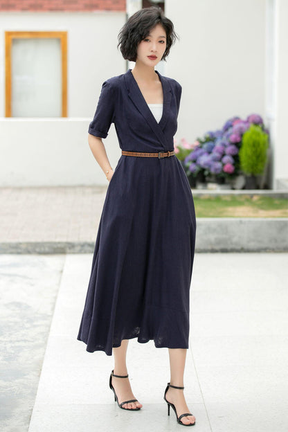Navy Linen Midi Dress: Wrap V-Neck A-Line Half Sleeve Dress, Custom, Xiaolizi 5979
