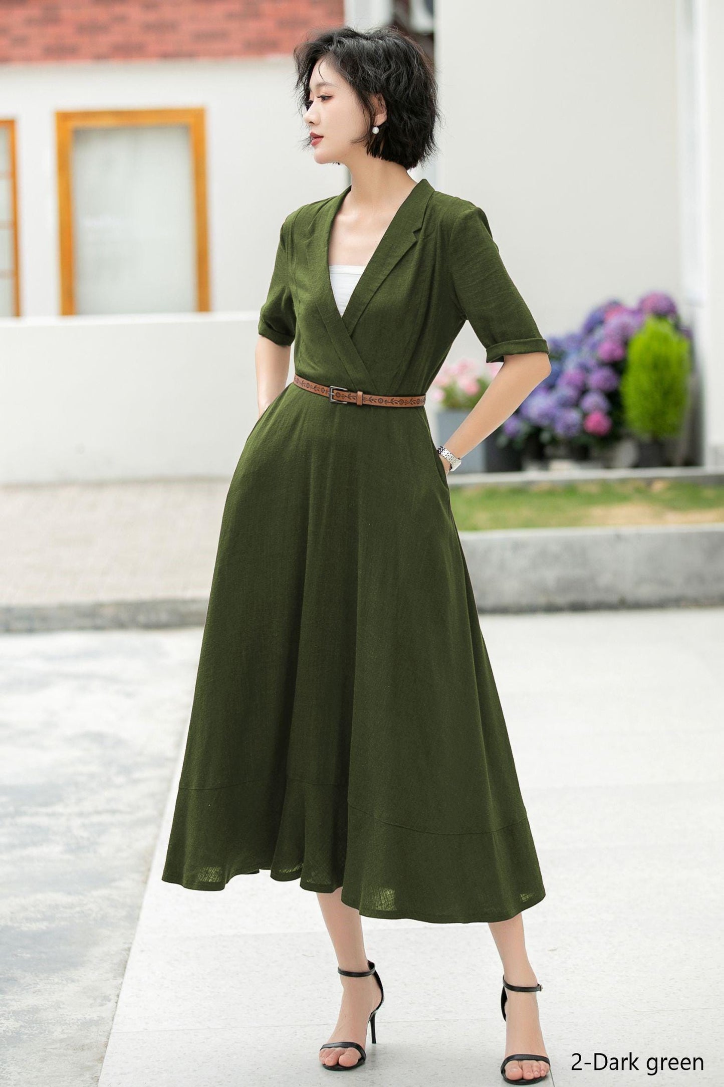 Navy Linen Midi Dress: Wrap V-Neck A-Line Half Sleeve Dress, Custom, Xiaolizi 5979